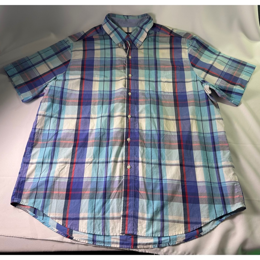 CHAPS Mens‎ 2XLT TALL Plaid Short Sleeve Button Up Shirt Easy Care Cotton Blend